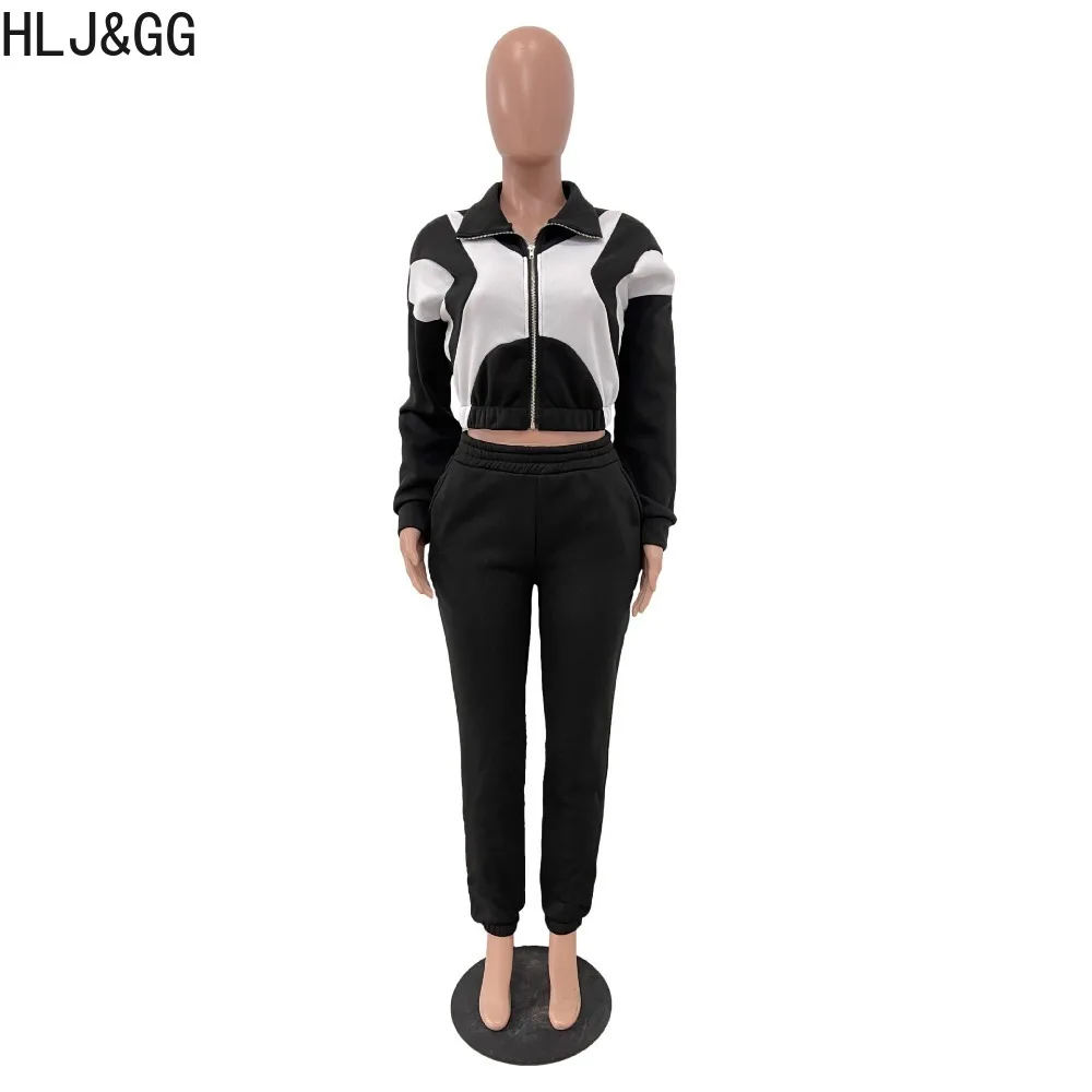 HLJ&GG Fashion Color Patchwork Jogger Pants Two Piece Set Women Zipper Long Sleeve Crop Top +Pants Tracksuit Female 2pcs Outfits