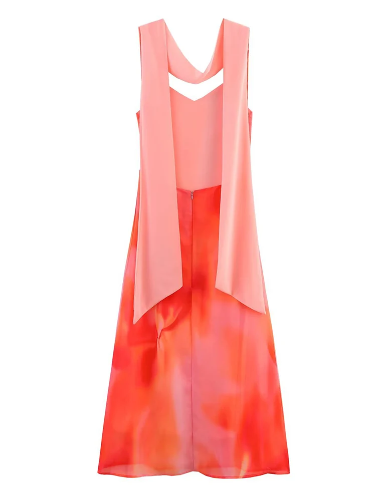 TFMLN Elegant Women Tie-dye Print Sling Dress With Scarf Holiday Style Sleeveless Long Evening Dress Female New Vacation Robes