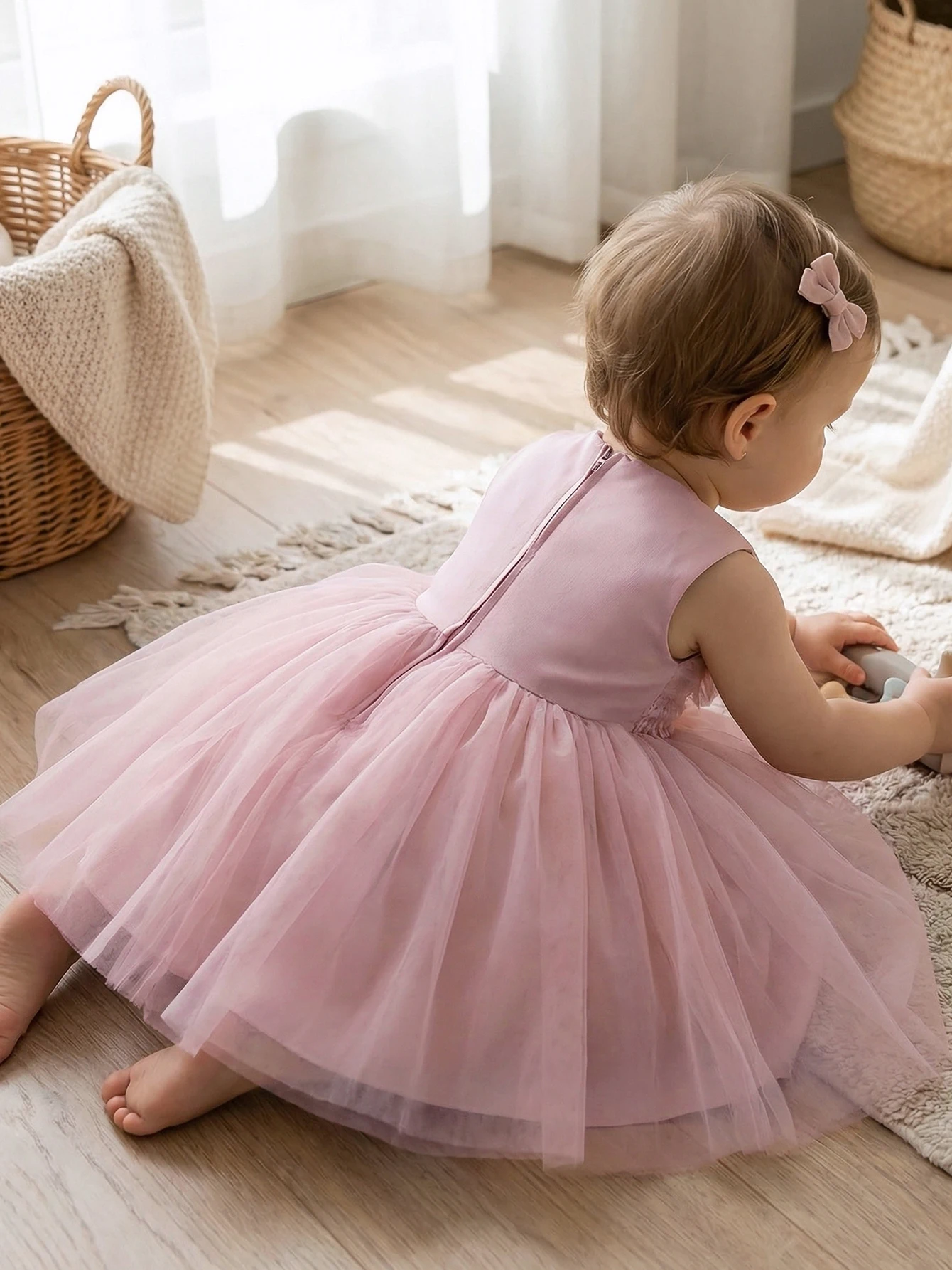 Elegant Pink Floral Baby Dress with Tulle & Matching Hairband