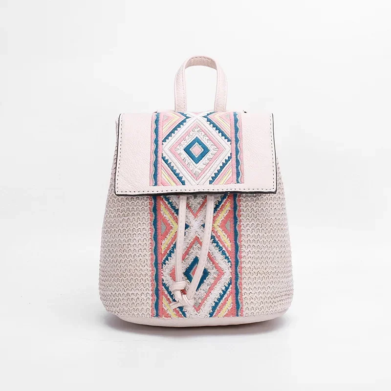 

Luxury Brand design Spring Summer Straw Woven Backpack Rhombus Embroidered Shoulder Crossbody Bag Pu Stitching Bucket Bags Women