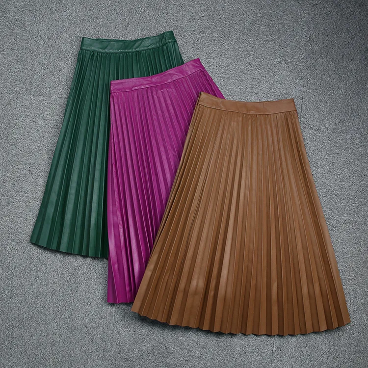 2023 Women New Vintage Elegant Pleated Skirt Long Genuine Sheepskin Versatile Leather Skirt E32