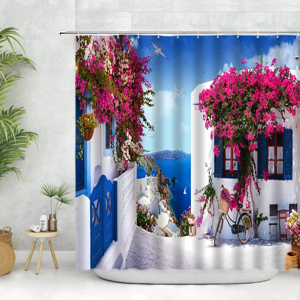 Greece Street View Shower Curtain Retro Town Blue Wooden Door Window Flower Plant Landscape Wall Decor Bathroom Hanging Curtains 5mp ip camera security cctv outdoor wall amount rj45 wifi wireless external waterproof ip66 nvr onvif protocol ptz 360° view