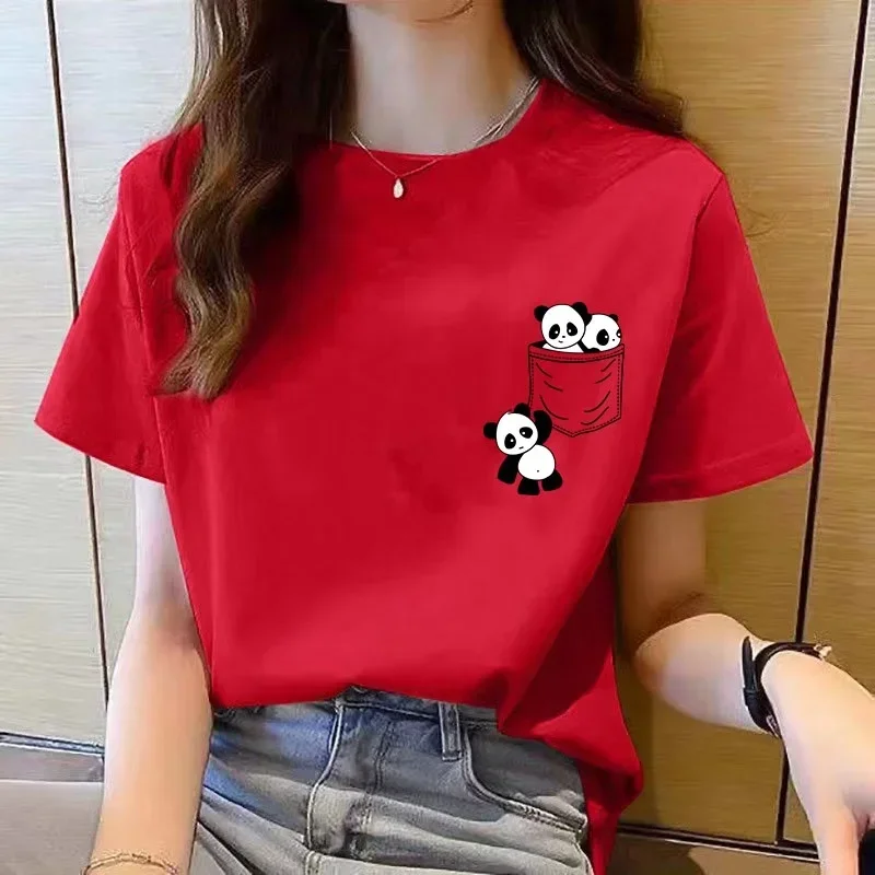 Women Short Sleeve Top Summer New Pocket Panda Cartoon Printed T-shirt Korean 1