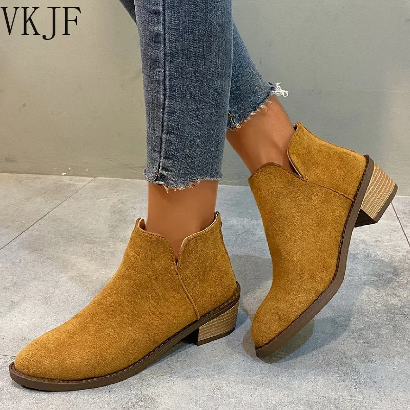 

Autumn Chunky Heel Shoes for Women Fashion Side Zipper Pionted Toe Women's Ankle Boots Plus Size Flock Casual Ladies Short Boots