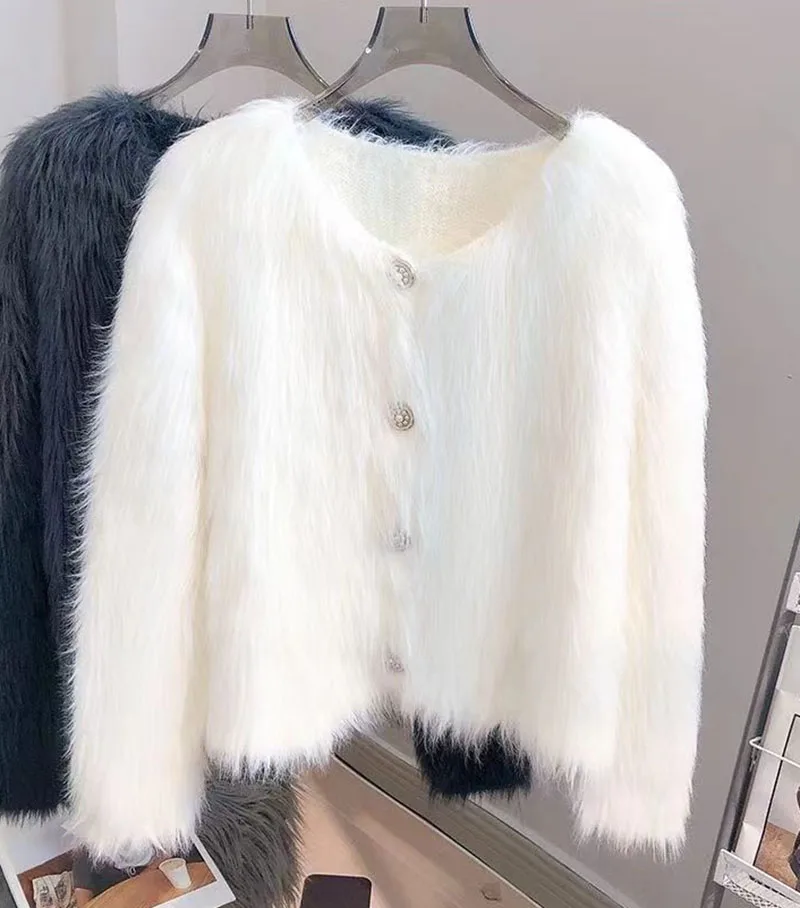 Cropped White Knitted Cardigan Women Korean Mink Cashmere Sweater Outerwear Black Long Sleeve Knitwear Winter Jumpers New