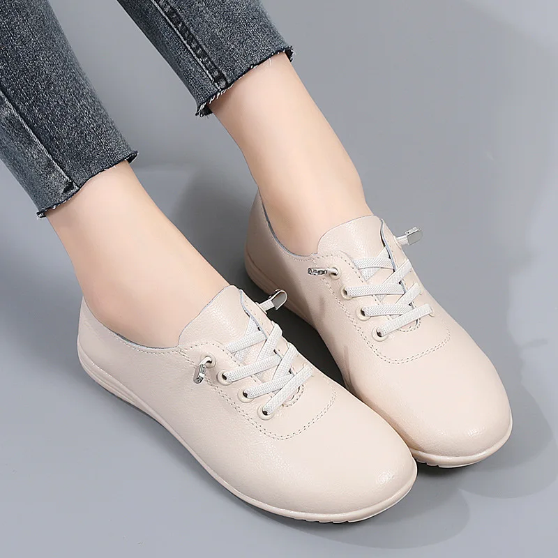 WOIZGIC Female Ladies Women's Genuine Leather Flats Shoes Loafers Soft Moccasins Lace Up Comfortable 5