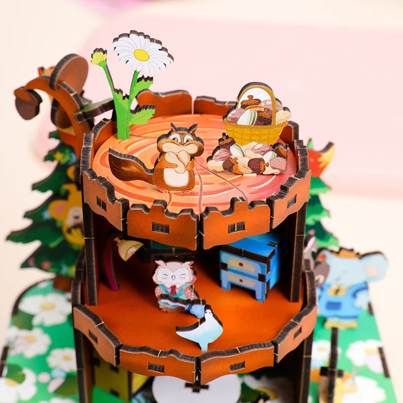 DIY 3D 나무 동물 숲 음악 상자 미니어처 모델 키트 직소 퍼즐 움직일 수 있는 친구 생일 선물 홈 장식