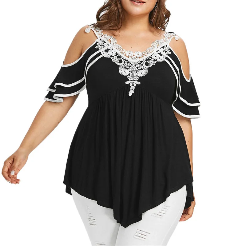 

Plus Size Loose Blouses Women Tops Street Wear Off Shoulder Lace Tee Shirt Tunic Tops Female Clothing Large Size 5XL Top Tees