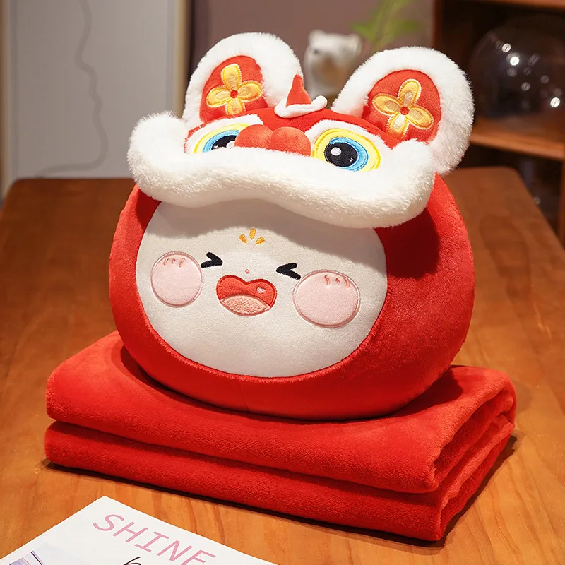 

2 In 1 Rabbit Red Pillow Blanket Anime Cushion Aldult Chinese New Year Plush Animal Nap Blanket Travel Airplane Sleep Blankets