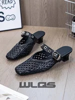 WLQS Mules Et Sabots Femme Mary Jane Tressé Ajouré Rétro Bout Carré Petit Talon Boucle Chaussures De Bureau Décontractées 3
