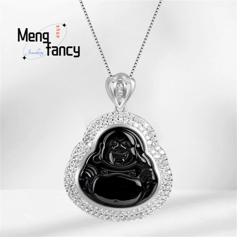 

Natural Mo Cui Maitreya Buddha Pendant S925 Silver Inlay Charm Fashion Engraver Fine Jewelry Men Women Couple Mascot Luxury Gift