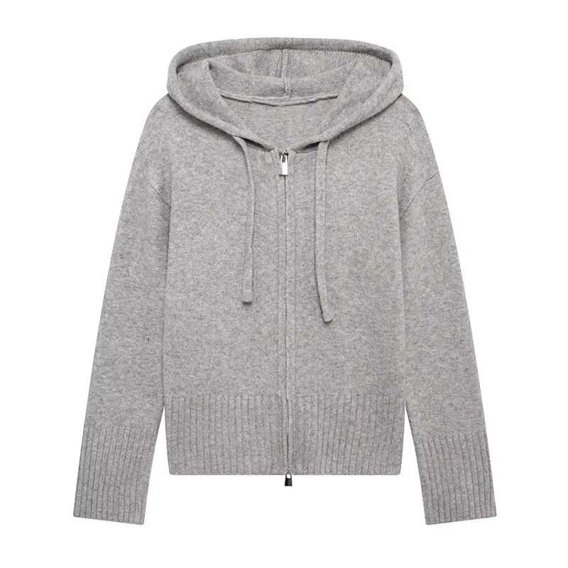 Casual Hooded Cardigans Women Gray Long Sleeve Soft Zipper Ribbed Sweater Female 2025 Spring Fashion Simple Slim-fit Top New