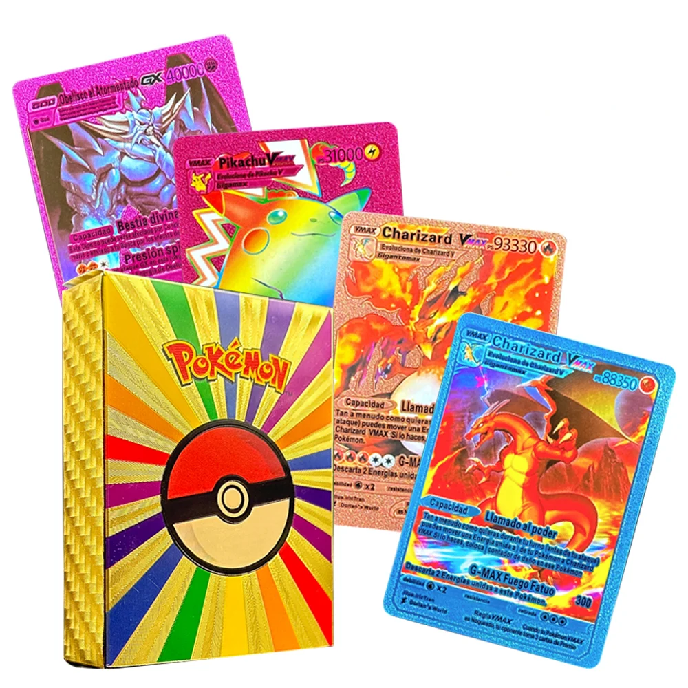 

15-81Pcs Pokemon Gold Foil Collection Cards Spanish French English German Silver Black Colorful Charizard Pikachu Vmax GX Letter