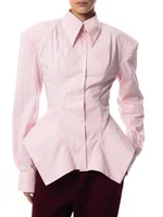 Chemise Femme DFDG Printemps-Été à Col Revers Rayée Ajustée à Ourlet Asymétrique – Tendance Féminine 2026 pour Bureau et Rendez-vous 2