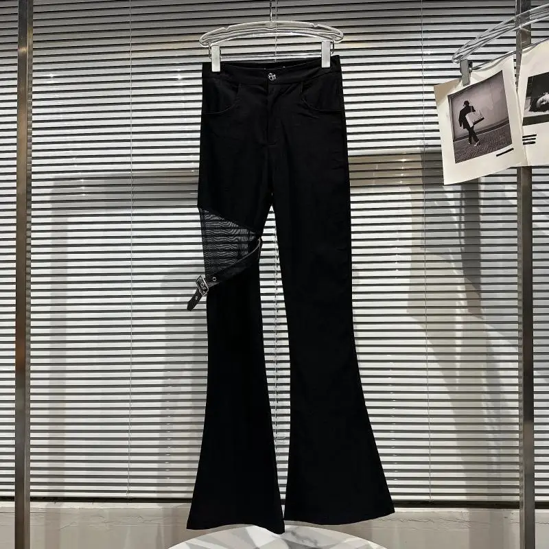 

Черные Сетчатые комбинированные расклешенные брюки с высокой талией, эстетичный Повседневный Женский шик, популярная одежда для девушек Y2k, корейская мода, весна-лето