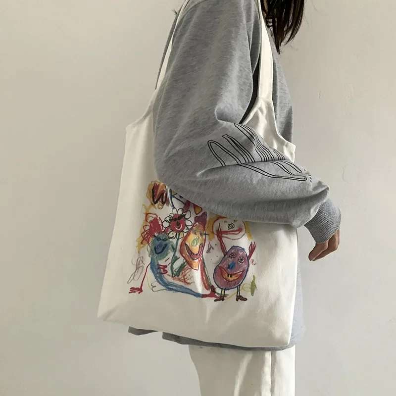 Women's Eco-Friendly Cotton Tote Bag - Cute Cartoon Print Shopper, Spacious Canvas Shoulder Bag for Ladies & Students