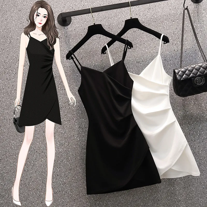 

2023 Summer New Fashionable Mid length Neck Dress with Pure Lust Wind, Covering Flesh, and Slim Slim Slim Slim Strap Dress