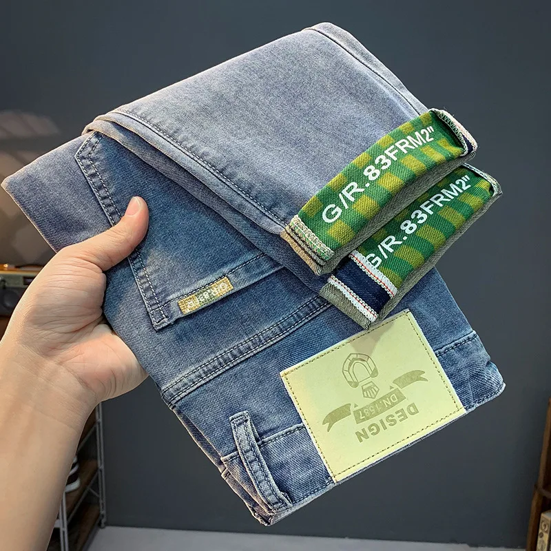 Men's jeans summer new stretch embroidery slim fit skinny casual all-match fashion printed thin trousers