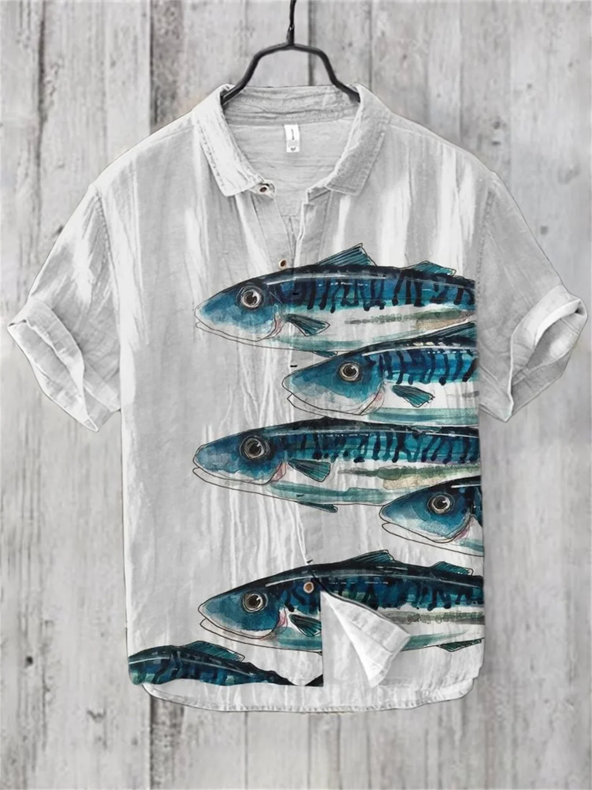 Men's Hawaiian Style Retro Fish Print Short Sleeved Shirt, Casual Linen Top, Loose and Breathable, Fashionable 5