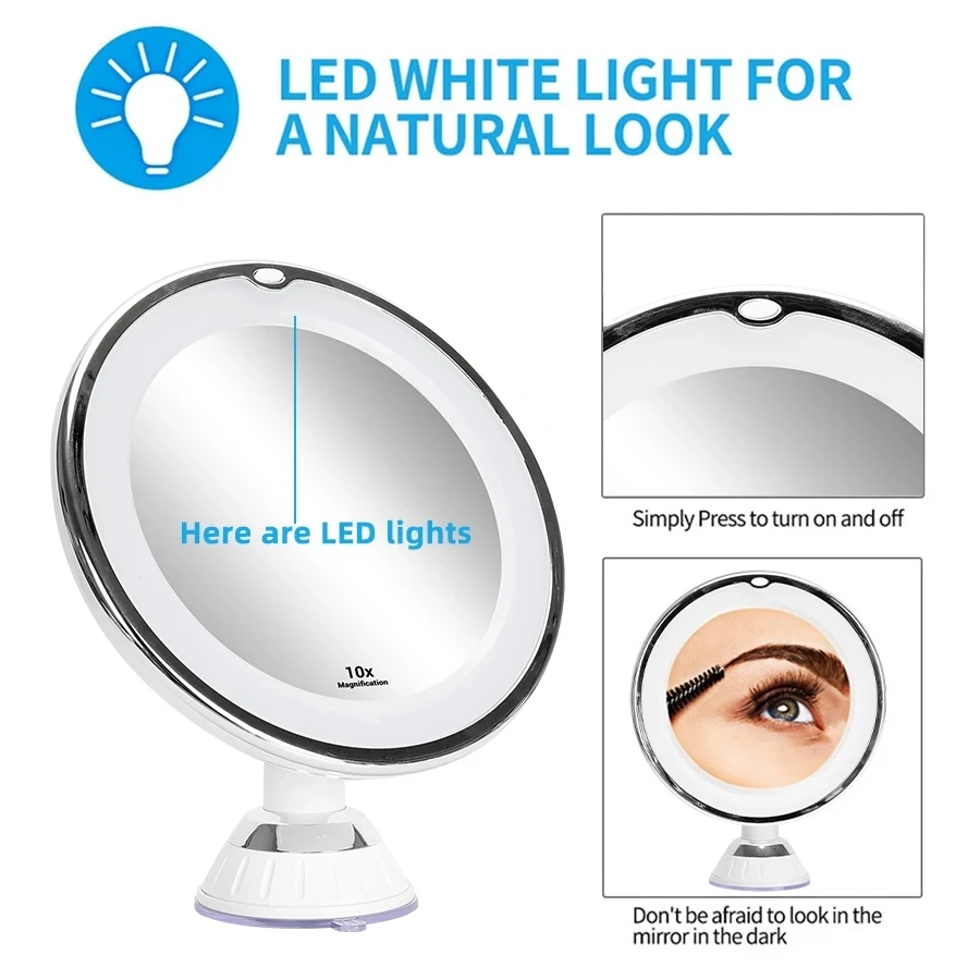 10X Magnifying Makeup Mirror with LED Light Adjustable HD Vanity Mirror 360 Degree Rotatable Bedroom Bathroom Cosmetic
