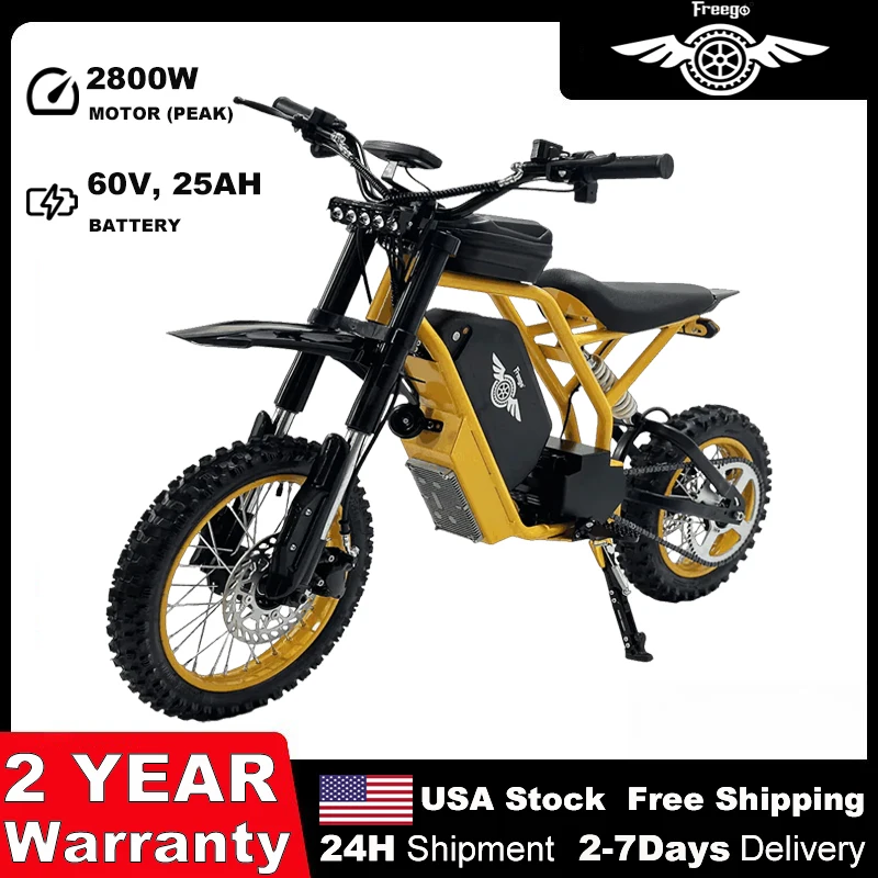 Freego Nova2 Electric Motorcycle 2800W Motor Ebike 60V, 25AH Battery 37 MPH Mid-Drive Electric Dirt Bike UL 2849 1 Year Warranty
