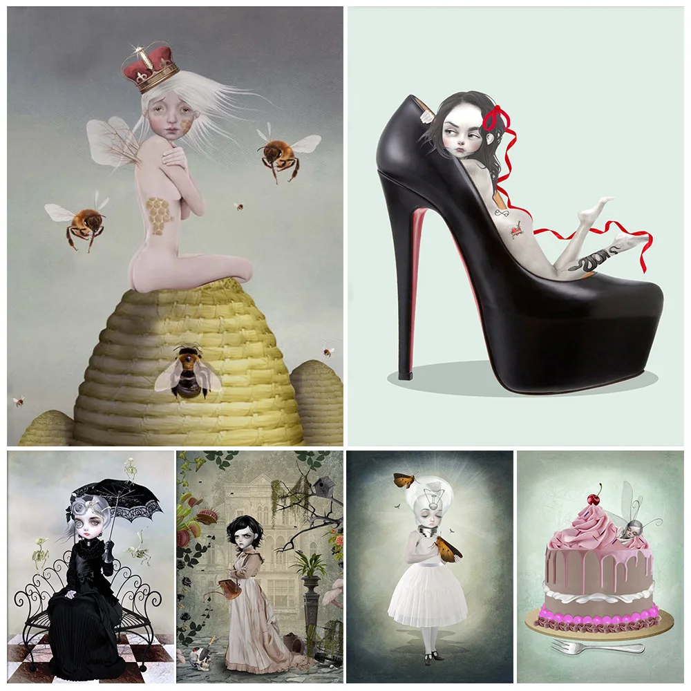 

Mermaid,Moth And Victorian Lady Vintage Wall Art Canvas Painting Surrealism Fantasy Gothic Girl Art Poster Print Home Decoration