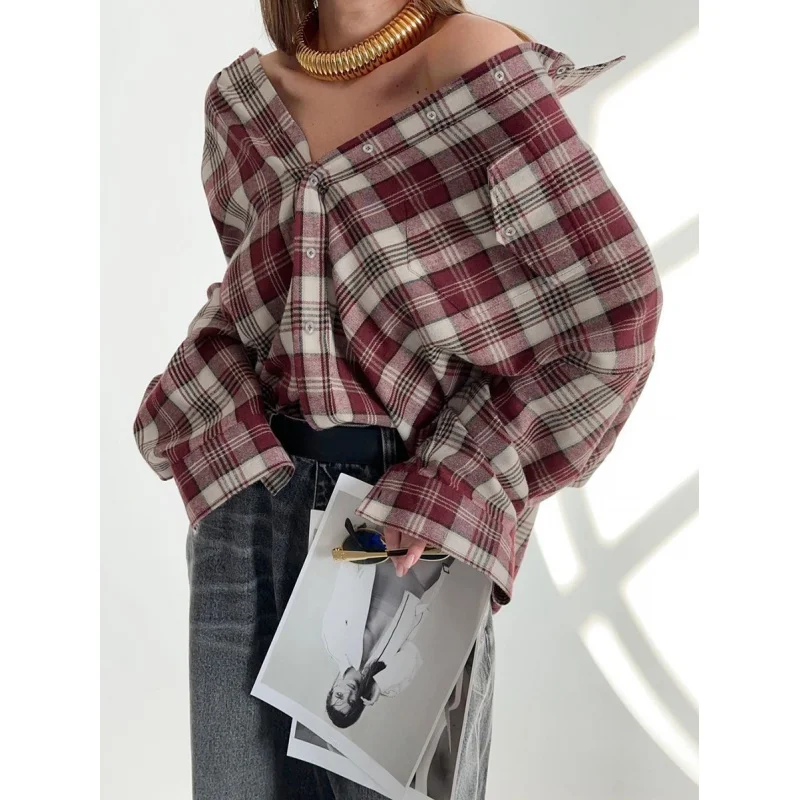 

Retro Classic Autumn and Winter New Women's Clothing Plaid Polyester Cotton Lapel Long Sleeve Shirt Casual Loose Blouse for Comm