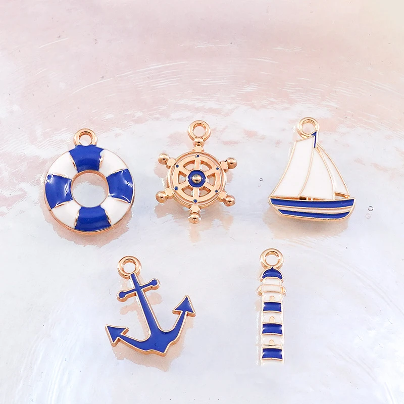 10PCS Alloy Ocean Style Lifebuoy Rudder Anchor Lighthouse Sailboat DIY Necklace Pendant Earring Bracelet Decorative Accessories