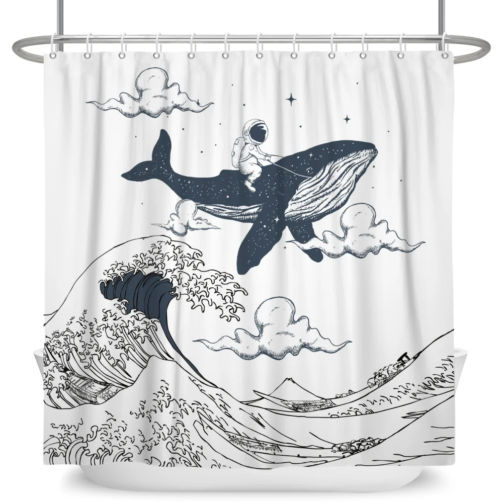 Funny Cat Shower Curtain Japanese Sea Wave Cute Whale Barn