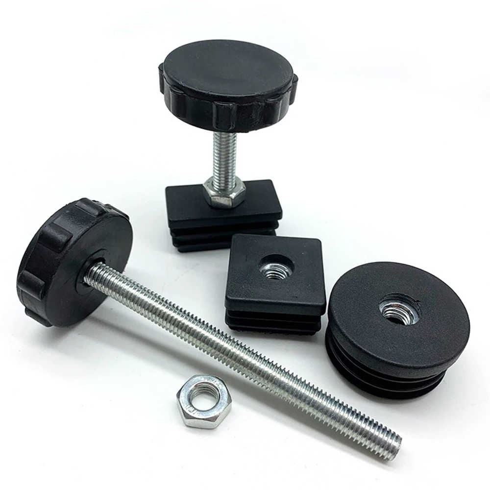 4Pcs Square Adjustable Foot Mat With M8 Nut Pipe Plug Black Rectangle Tube Furniture Leveling Feet Levelers For Table Chair Legs table foot pad