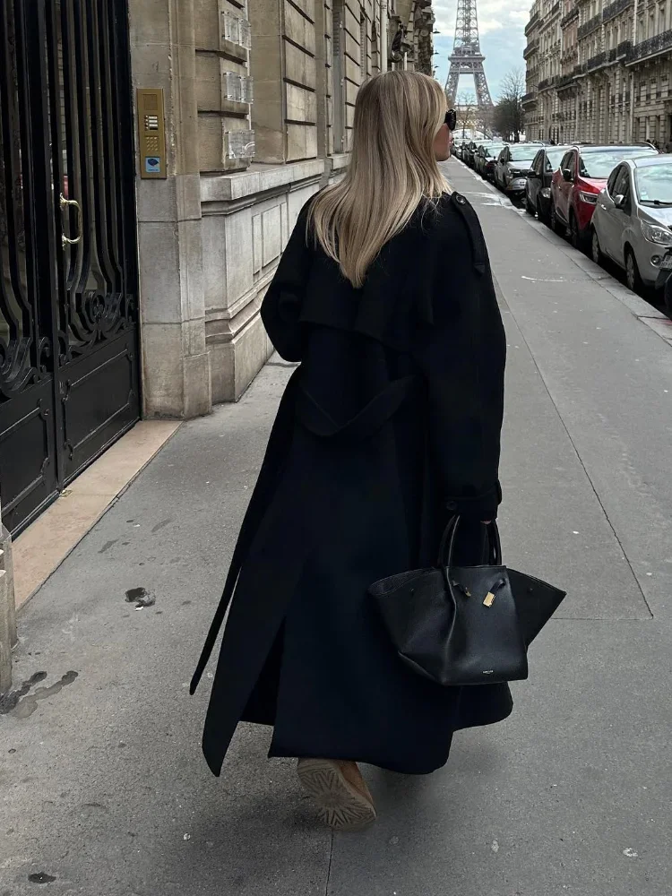 Women Oversize Loose Double Button Lapel Overcoat Fashion Black Woolen Long Coat With Belt Autumn New Street Female Outerwear 5