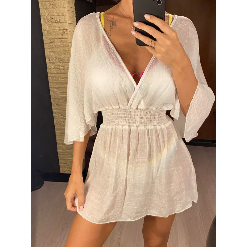 New Sexy V Neck Long Sleeve Backless Chiffon Tunic Beach Cover Up Beach Cover-ups Beach Dress Beach Wear Beachwear Bathing Suit
