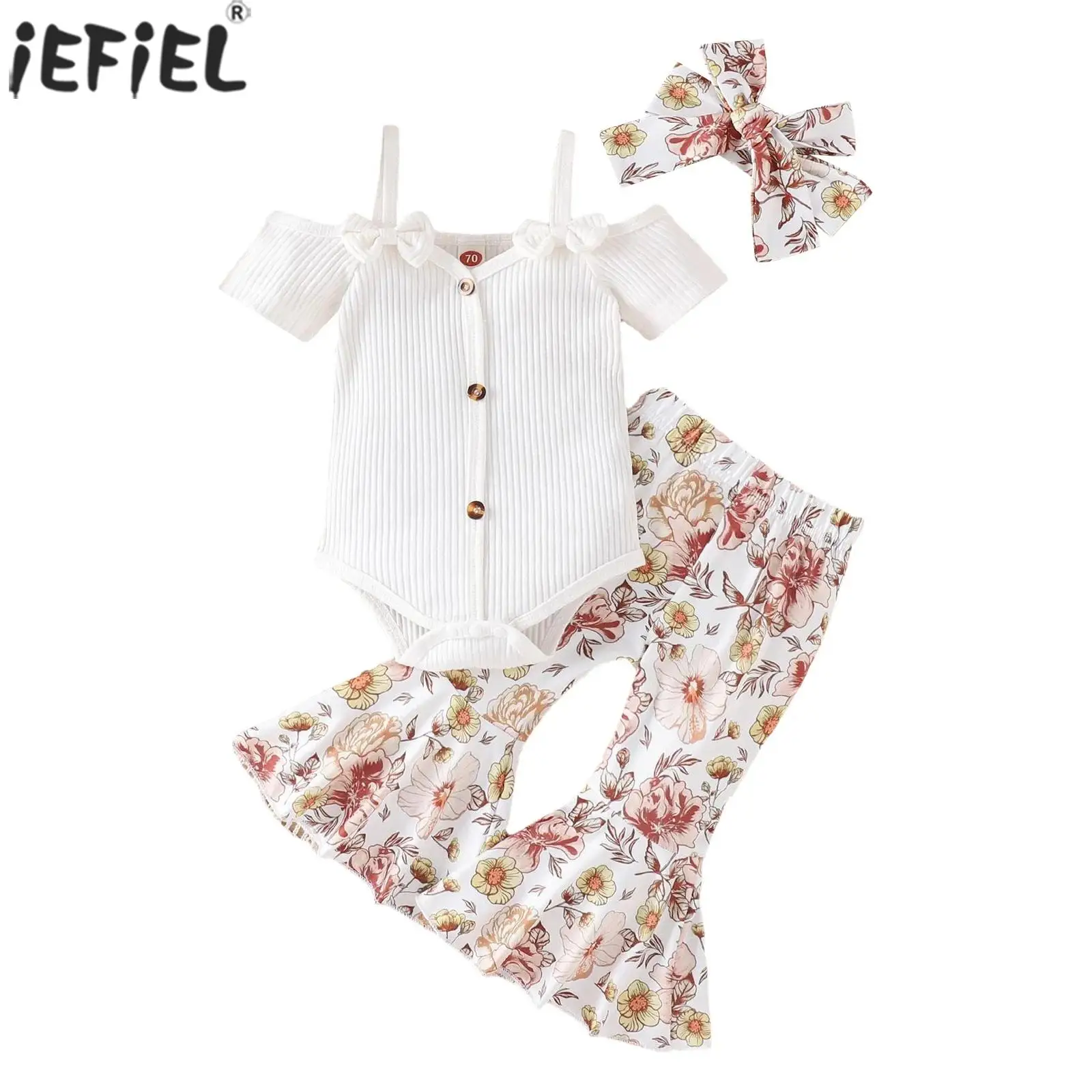 

Infant Baby Girls Summer Clothes Short Sleeve Rib Knit Romper with Floral Flare Pants Headband Set Toddler Girl Casual Outfits