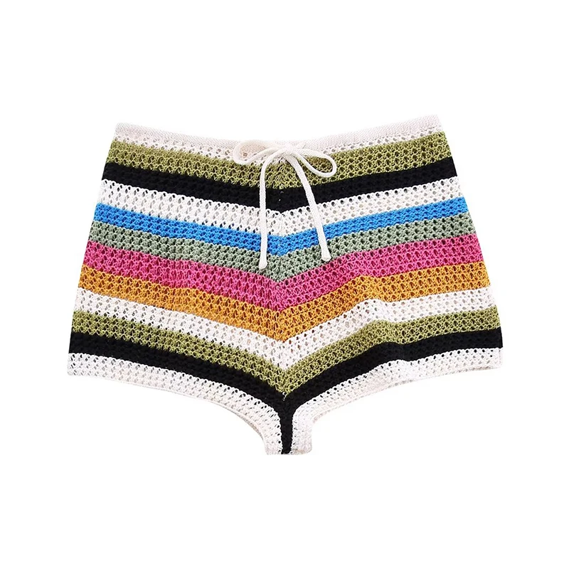 

YENKYE Summer Women Vintage Drawstring Mid Waist Striped Crochet Shorts Female Holiday Short Pants