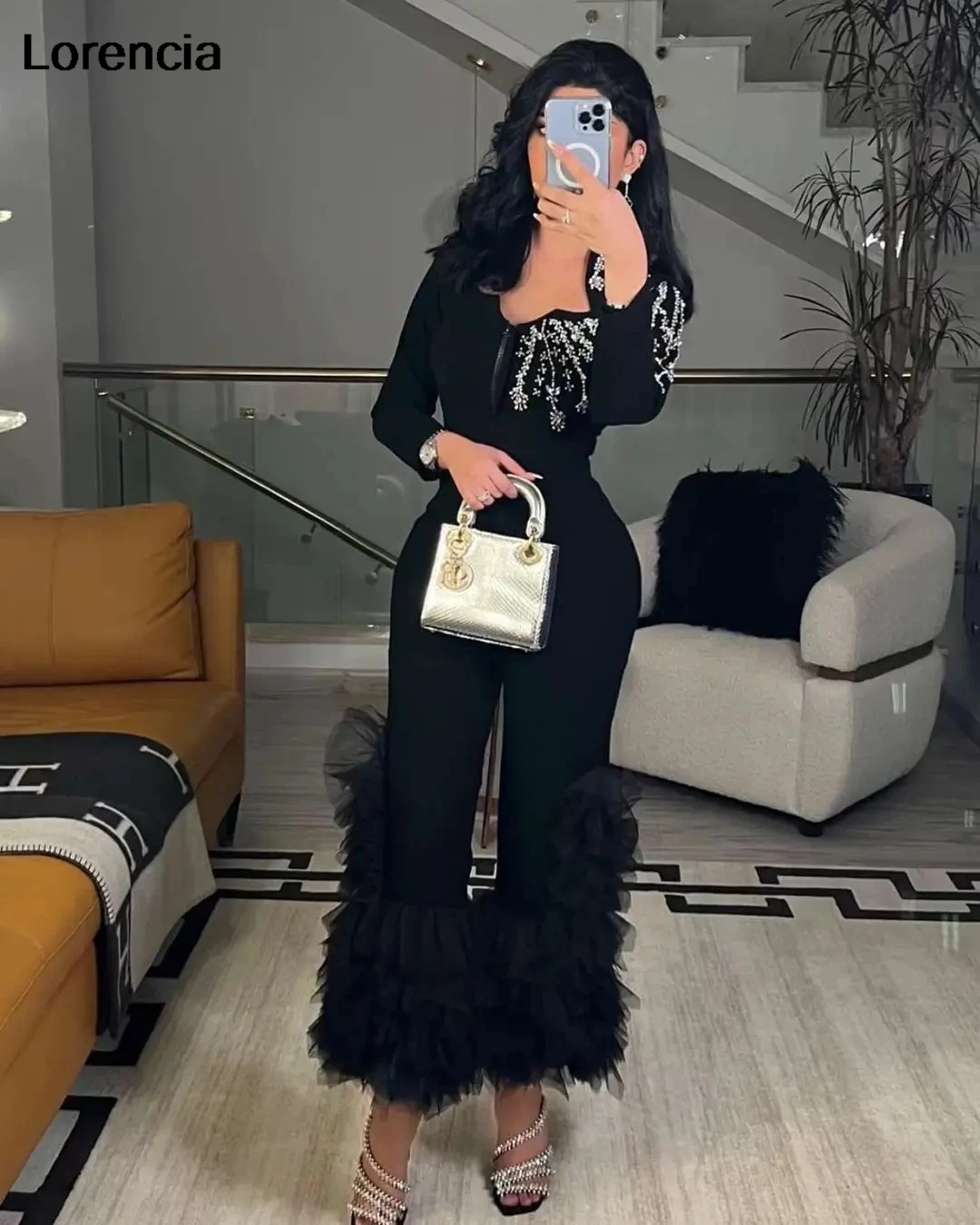 Lorencia Two Pieces Black Pant Suits Women Prom Dress Beaded Long Sleeve Evening Dress Ruffles Tulle Formal Party Gown YED09