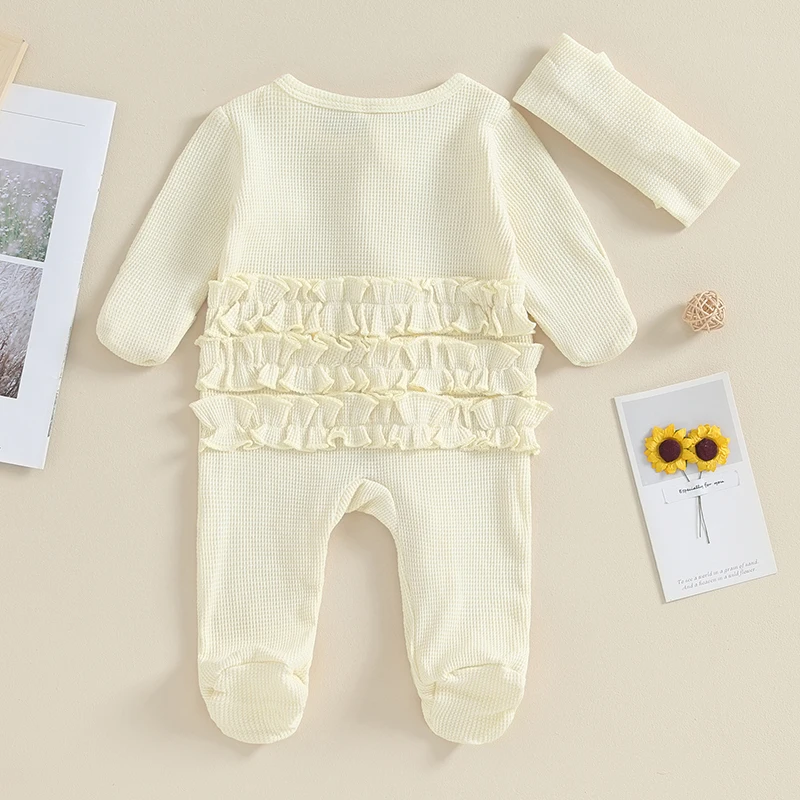 0-6M Newborn Baby Footies Jumpsuit with Headband Girls Boys Clothing Infant Solid Color Long Sleeve Ruffle Romper Outfits
