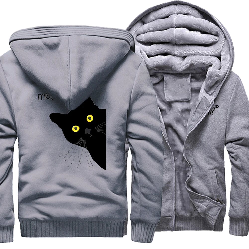 

Meow Black Cat Kawaii Cartoons Print Men Hoodies Pocket Warm Sweatshirt Winter Plus Velvet Thickening Jacket Casual Hoody Man