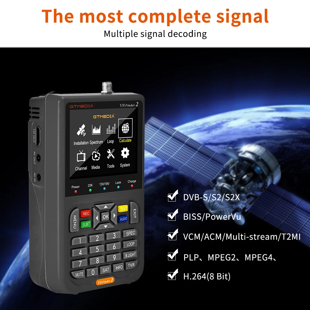 GTMEDIA V8 Finder 2 Satellite Meter DVB-S/S2/S2X Support H.264 7.4V/4000mAh Li-ion Battery 3.5 Inch LCD Fast Charging V8 Finder2 satellite signal finder