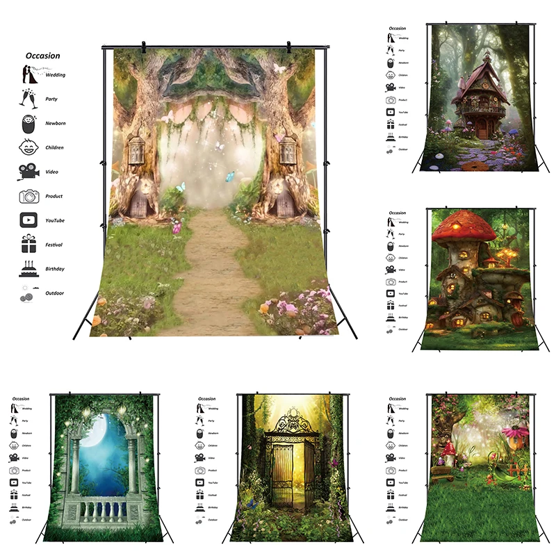 

Enchanted Forest Backdrop Photography Banner Fairy Tale Mushroom House Photo Background Magic Door Butterfly Garden Party Decor