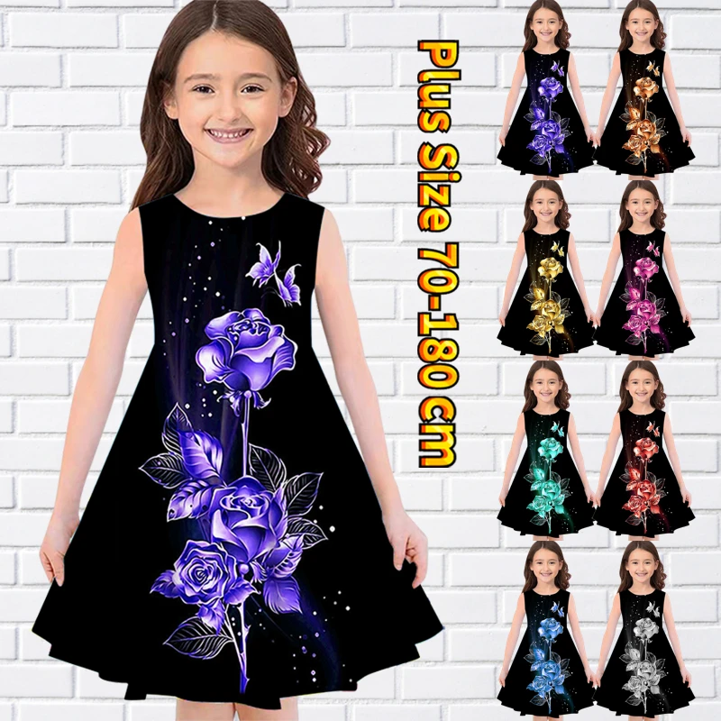 

2022 New Summer Little Girl Round Neck Flower Print MIDI Skirt Sleeveless Knee Length Skirt Cute Dress Fashion Loose Size Skirt