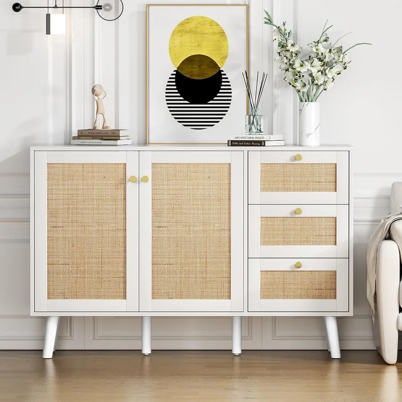 

Rattan Storage Cabinet, Sideboard with 2 Doors and 3 Drawers, Sideboard with Storage Wood Credenza Cabinet ,sideboards
