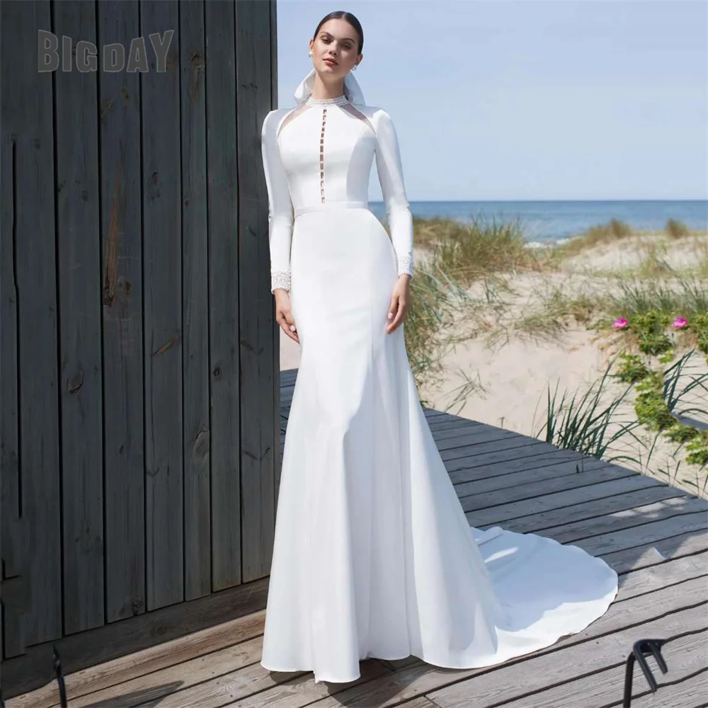 Elegant Meramid Wedding Dress Women Lace Open Back Lace Long Sleeve High Collar Satin Bridal Gowns Sweep Train Vestidos De Noiva elegant mermaid wedding dress 2022 with detachable train half sleeve lace appliques satin o neck robe de mariage bridal gowns