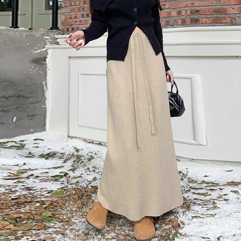 Korean Style Maternity Knitted Skirts Drawstring Waist Back Split Pregnant Woman Straight Skirt Adjustable Waist Pregnancy Skirt