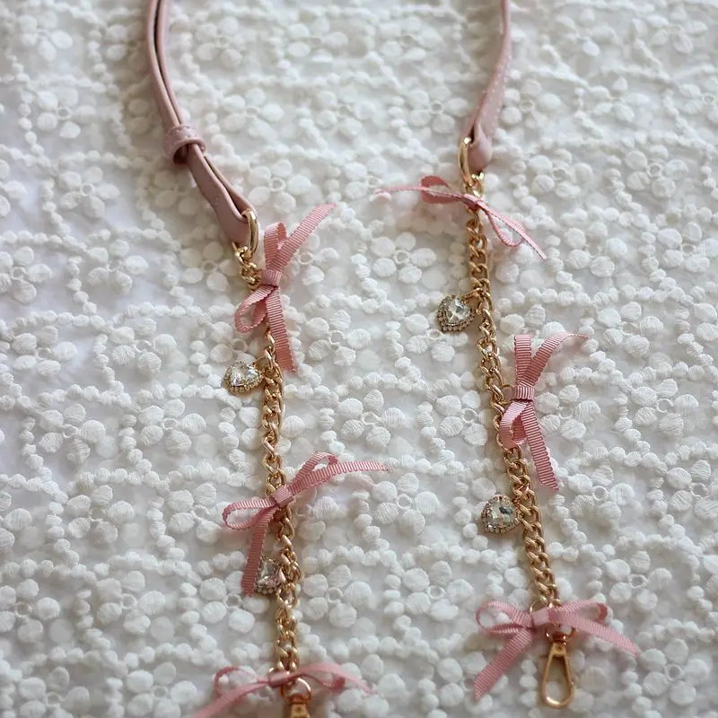 Handmade Japanese Liz Mobile Phone Crossbody Bag Chain Leather Adjustable Bow Strap Love Rhinestone Chain Bag Accessories