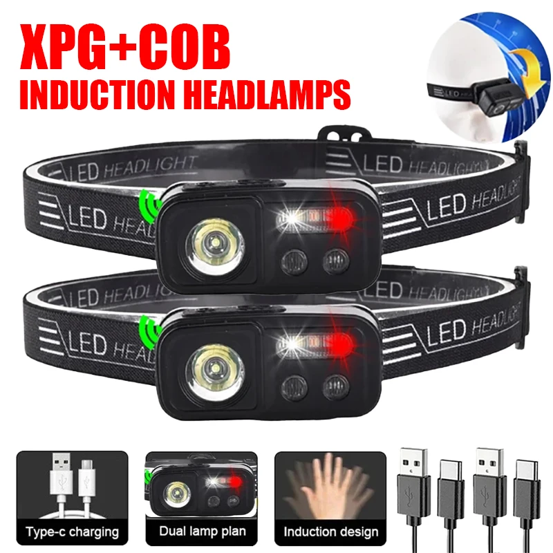 

C5 USB Rechargeable Mini Induction Headlamp XPE+COB Head Flashlight 6 Lighting Modes Outdoor Camping Fishing Searching Headlight