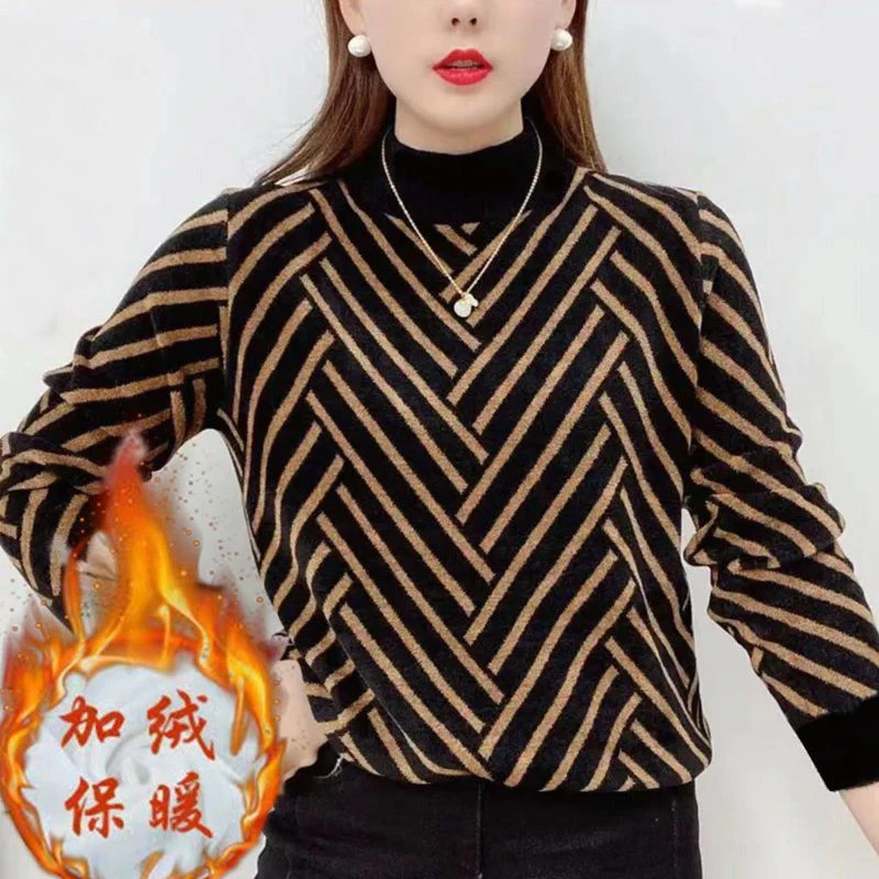 Autumn Winter Half High Collar Vintage Plaid Add Velvet Sweatshirt Female Thick Warm Loose Casual Top Women Oversized Pullovers