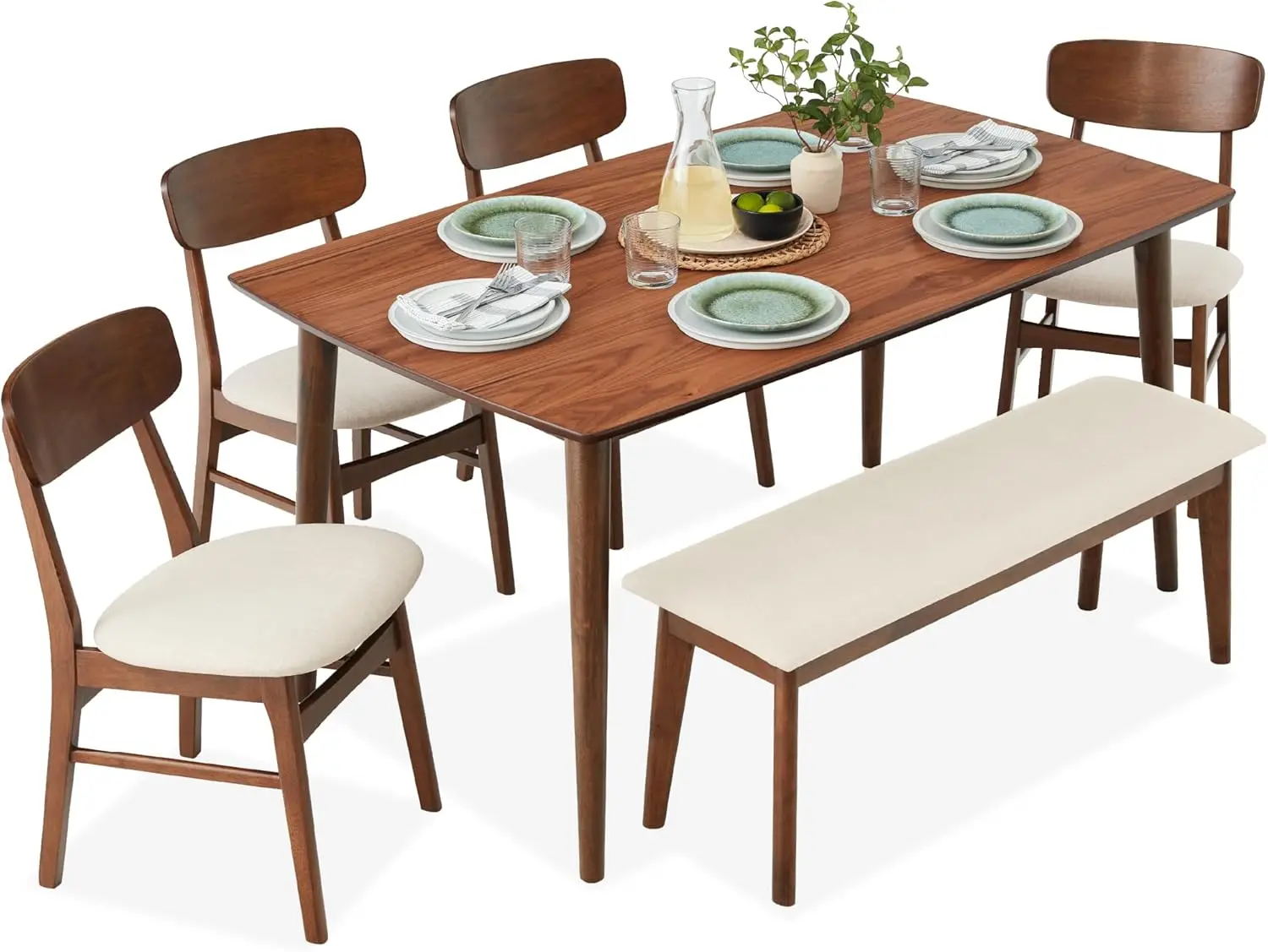 Description Picture 2 of item6-Piece Dining Set Mid-Century Modern Wooden Table Upholstered Chair Set for Home, Kitchen, Dining Room w/ 4 Chairs Bench Seat