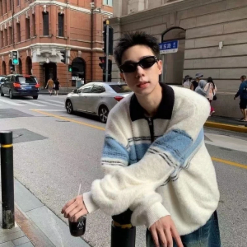 

2023 Winter Men's Vintage Striped Printing Wool Sweater Half Zip Lapel Neck Pullover Casual Loose Knitting Fashion Coats S-2XL