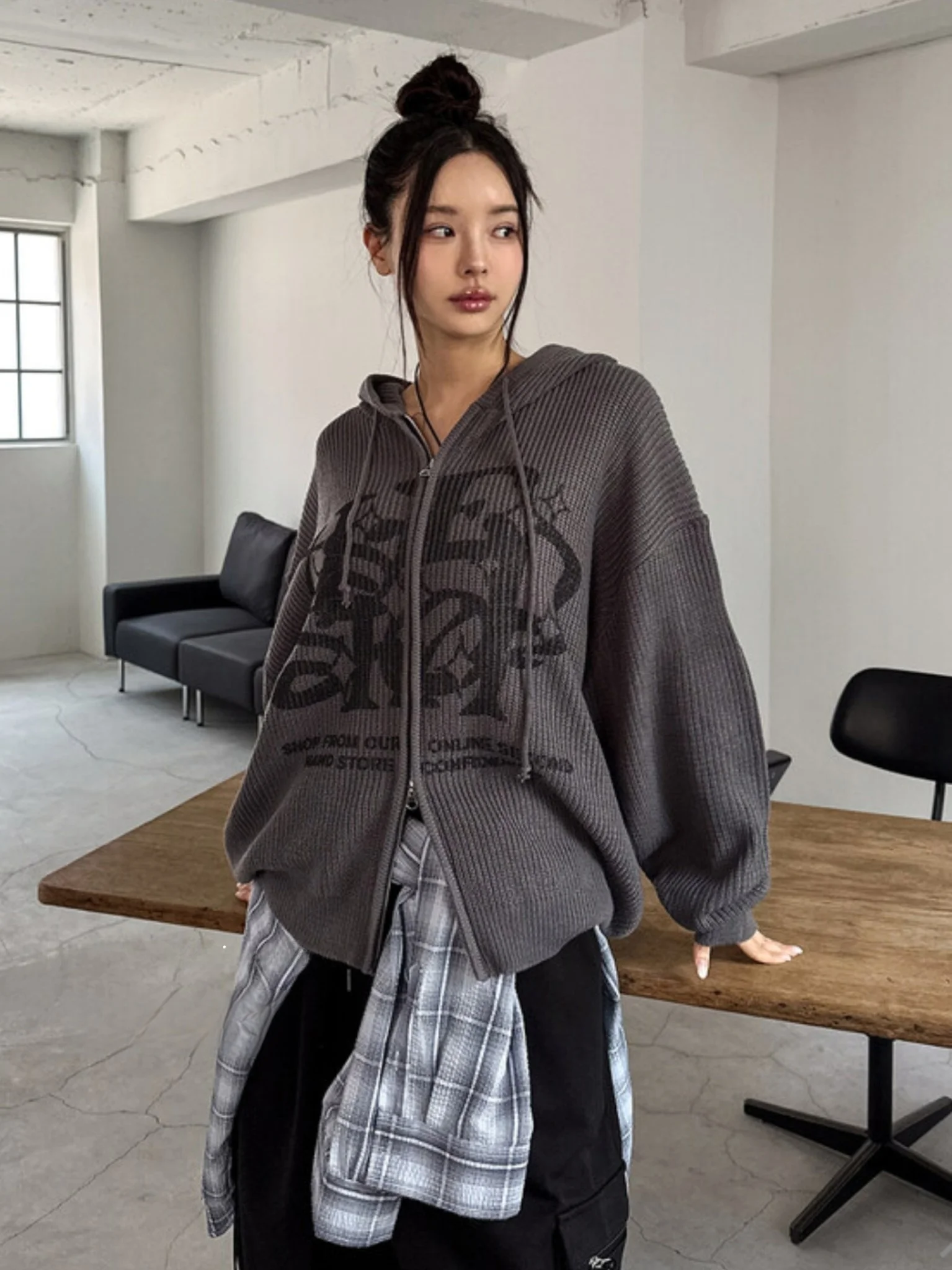 Loose Knitted Hoodie Street Sle Letter Print Fem Outerwear Comfortable Breathable Casual Commute Sle Long Sve Coat