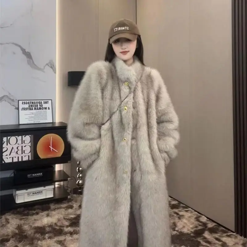 Manteau Longue Femme Fausse Fourrure De Renard – Col Costume – Doublure Chaude – Taille Régulière